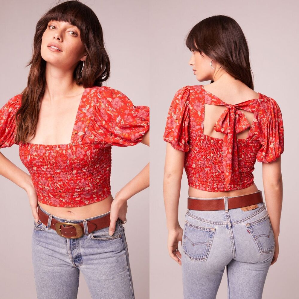 Band Of The Free Ditsy Floral Smocked Crop Top L Red Puff Sleeve Tie Back Boho